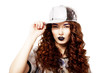 Redhead Trendy Woman holding Kepi. Charismatic Trendy Female