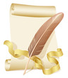 Old scroll, golden ribbon and quill