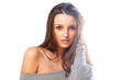 Beautiful brunette woman intense close up portrait