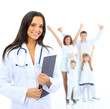 Young attractive female doctor and family isolated
