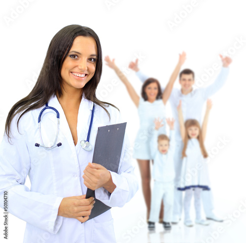 Photo: Young attractive female doctor and family isolated Young attractive female doctor and family isolated
