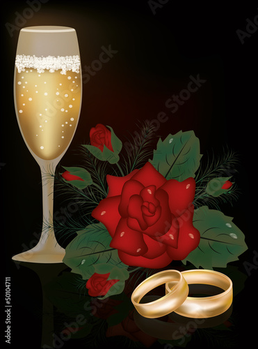 Vector: Red Rose flower and wedding rings, vector Red Rose flower and wedding rings, vector
