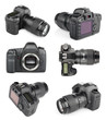 Set of modern digital SLR cameras on white with clipping path