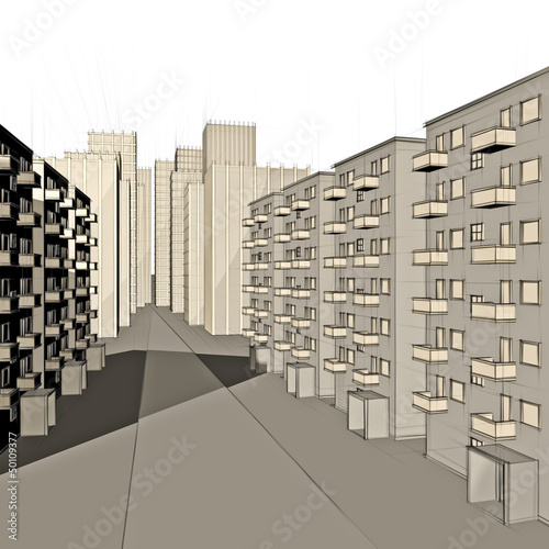 Illustration: sketch of city with residential street sketch of city with residential street