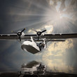 Vintage seaplane flying over a sea level.