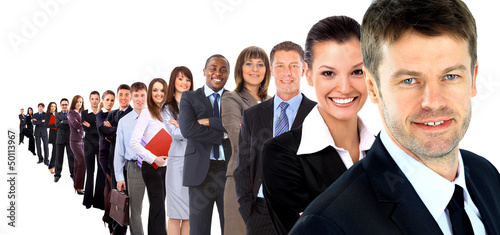 Photo: Business group in a row isolated over a white Business group in a row isolated over a white
