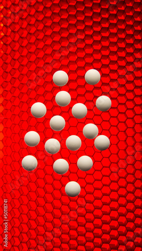 Photo: White pills on a red high tech grid background White pills on a red high tech grid background