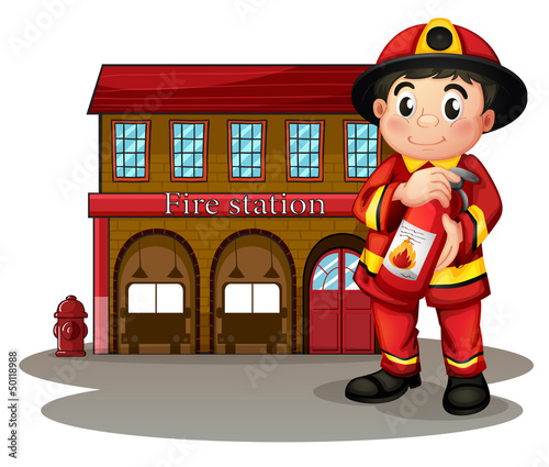 Vector: A fireman in front of a fire station holding a fire extinguisher A fireman in front of a fire station holding a fire extinguisher