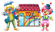 Two clowns in front of a toy store
