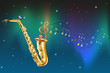 A saxophone with a butterfly and musical notes