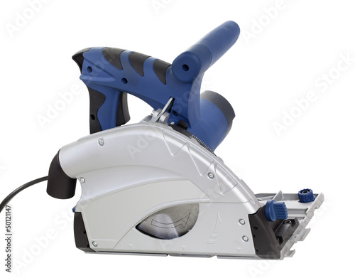 Photo: Electric circular wood cutter isolated on white Electric circular wood cutter isolated on white