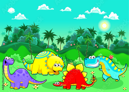 Vector: Funny dinosaurs in the forest. Funny dinosaurs in the forest.