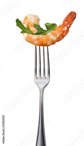 Photo: Gamba mit Ruccola auf Gabel Gamba mit Ruccola auf Gabel