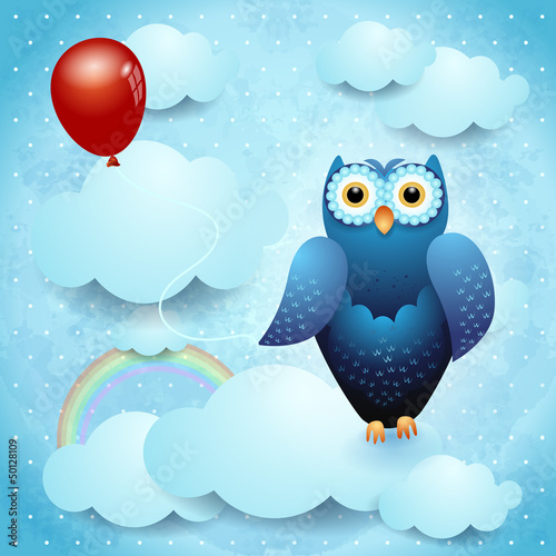  Owl and balloon, fantasy illustration
