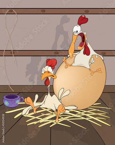 Vector: Hen and Cock the big egg. Cartoon Hen and Cock the big egg. Cartoon