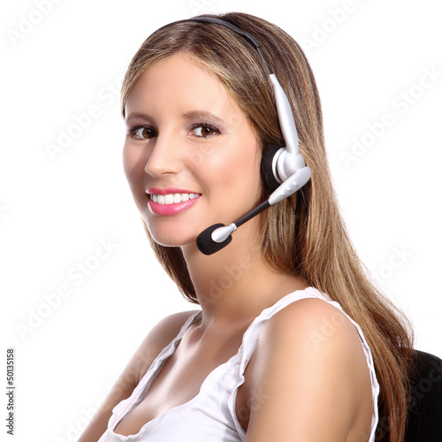Photo: office telephone operator, smiling woman with headphones office telephone operator, smiling woman with headphones