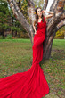 A beautiful brunette in red dress