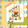 Happy Birthday card with funny girl, animals and cupcakes
