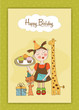 Happy Birthday card with funny girl, animals and cupcakes