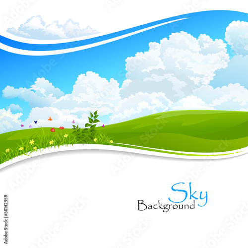 Vector: Wild flowers , Green hills and Blue Sky Wild flowers , Green hills and Blue Sky