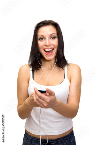 Photo: woman listens to player woman listens to player