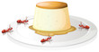 A leche flan in a plate with four ants