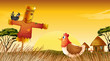 A chicken with a scarecrow and a black bird at the field