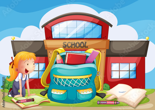 Vector: A girl with her school supplies in front of the school building A girl with her school supplies in front of the school building