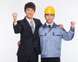 Asian business man and engineer hands up.