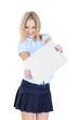 Photo: Schoolgirl holding a white sheet of paper isolated on white Schoolgirl holding a white sheet of paper isolated on white