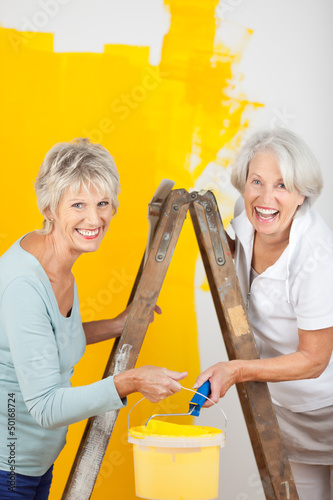 Photo: zwei seniorinnen streichen zusammen die wohnung zwei seniorinnen streichen zusammen die wohnung