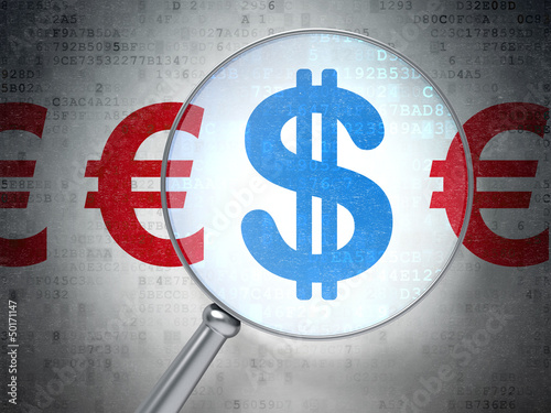 Illustration: Currency concept: optical glass with icons Currency concept: optical glass with icons