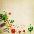 Recipe template. Fresh vegetables on fabric texture