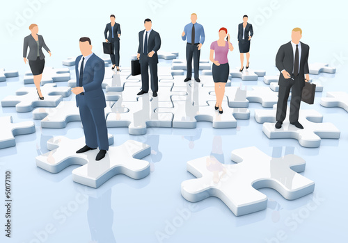 Illustration: Geschäftsleute auf Puzzle-Teilchen - Business Netzwerk Geschäftsleute auf Puzzle-Teilchen - Business Netzwerk