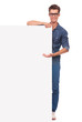 man presents big board