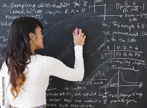 Photo: Pacific Islander teacher erasing math from blackboard Pacific Islander teacher erasing math from blackboard
