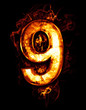 nine, illustration of  number with chrome effects and red fire o
