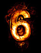 six, illustration of  number with chrome effects and red fire on