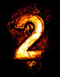 two, illustration of  number with chrome effects and red fire on