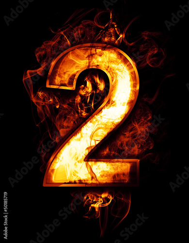 Illustration: two, illustration of number with chrome effects and red fire on two, illustration of number with chrome effects and red fire on
