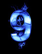 nine, illustration of  number with chrome effects and blue fire