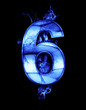 six, illustration of  number with chrome effects and blue fire o