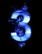 three, illustration of  number with chrome effects and blue fire