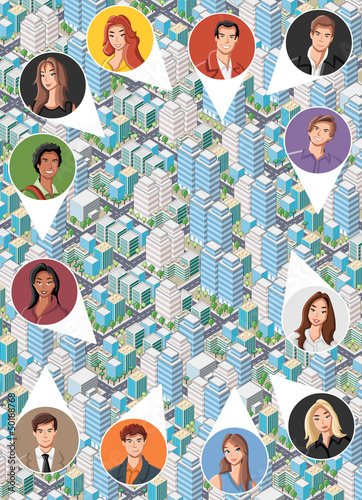 Vector: Big isometric city with cartoon young people faces. Neighbors. Big isometric city with cartoon young people faces. Neighbors.