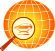 sign with car, wrench and screwdriver in magnifier on planet