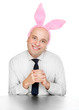 An successful man with rabbit ears.