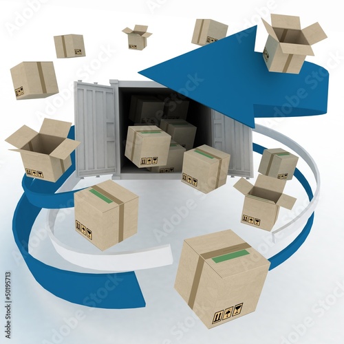 Illustration: 3d cardboard boxes around container on white 3d cardboard boxes around container on white