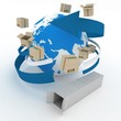 3d cardboard boxes around globe on white