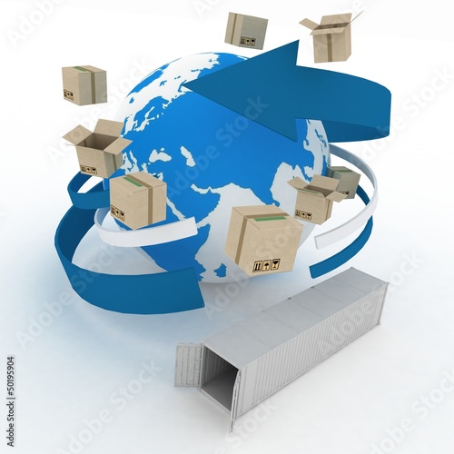 Illustration: 3d cardboard boxes around globe on white 3d cardboard boxes around globe on white