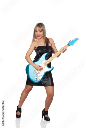 Photo: Sexy guitarist with a black leather dress Sexy guitarist with a black leather dress